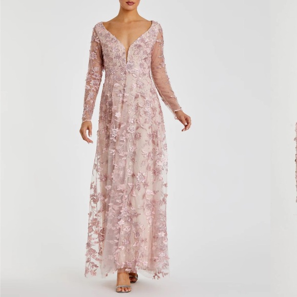 Mac Duggal 70224 Floral Applique Long Sleeve Illusion Gown, Rose Pink, Size 4 - Picture 6 of 14